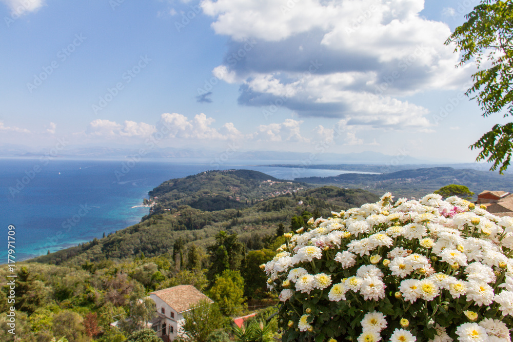 Panoramic view of the coasline from Chlomos in Corfu, Greece