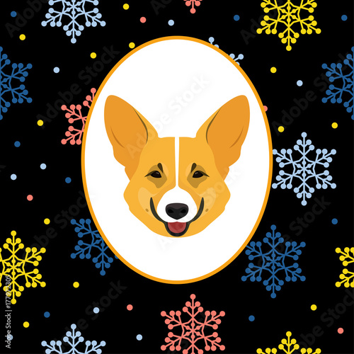 New year of the dog card template. Cute welsh corgi dog portrait and abstract hand drawn pattern