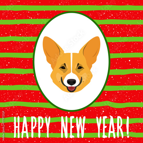 New year of the dog card template. Cute welsh corgi dog portrait and abstract hand drawn pattern