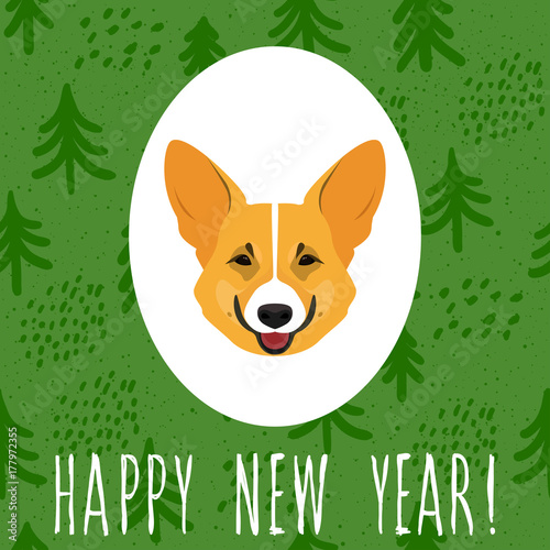 New year of the dog card template. Cute welsh corgi dog portrait and abstract hand drawn pattern