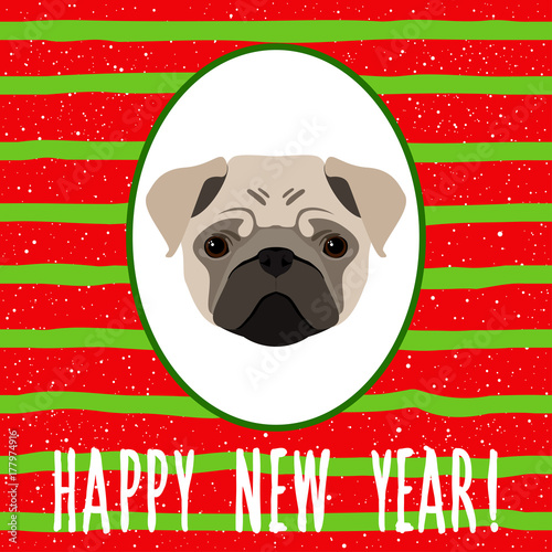 New year of the dog card template. Cute beige pug dog portrait and abstract hand drawn pattern background