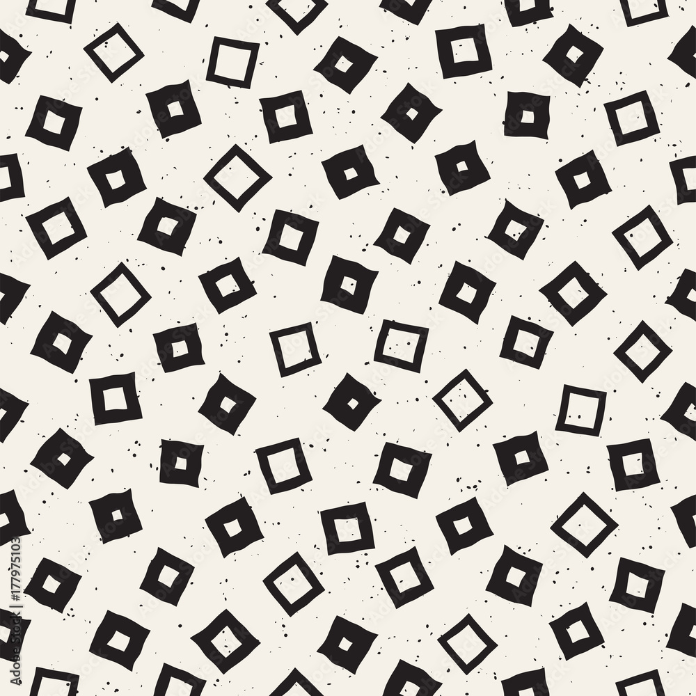 Hand drawn black and white ink abstract seamless pattern. Vector stylish grunge texture. Monochrome geometric scattered shapes lines