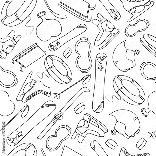 Seamless pattern with black and white tools of winter sports and games