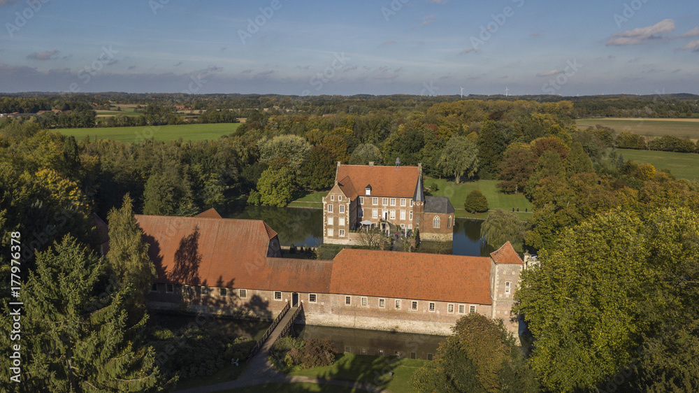 Aerial view of Hulshoff moated castle in North-Rhine Westphalia