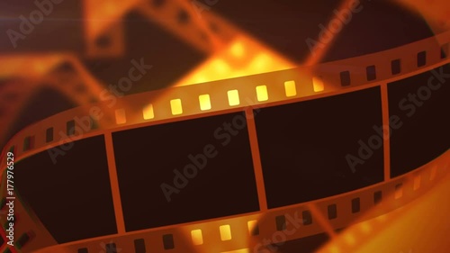 A retro 3d rendering of Movie making film tape of white and black colors. The film tape moves horizontally and slowly in the bright yellow background. It reminds Hollywood masterpieces.