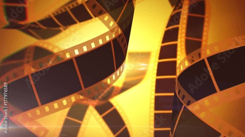 An inspiring 3d rendering of Cinematographic film tape of white and black colors. The film tape moves slowly in the bright yellow background. It looks beautiful and encouraging.