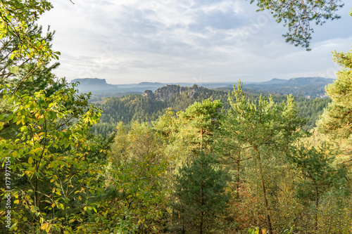 Fototapeta Naklejka Na Ścianę i Meble -  Blick in den Nationalpark  Sächsische  Schweiz vom Aussichtspunkt Ziegenrücken