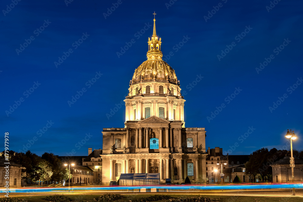 Paris, France - October 20, 2017: Night view to Les Invalides. Copy space in blue sky.