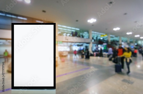 mock up of blank showcase billboard or advertising light box for your text message or media and content with people at airport background, commercial, marketing and advertising concept
