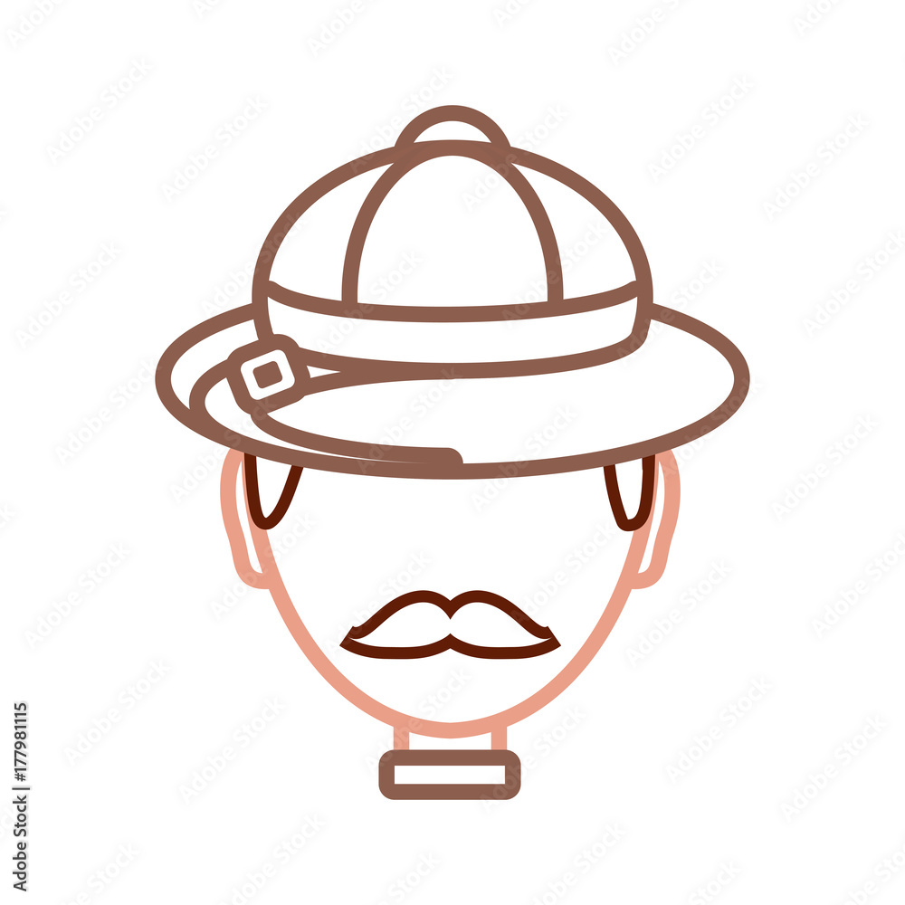 flat line colored man face with safari hat over white background vector illustration flat line colored man face with safari hat over white background vector illustration