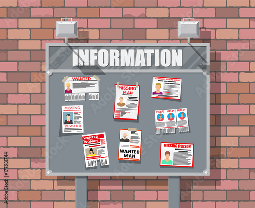 Wanted person paper poster. Missing announce