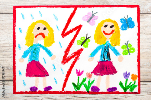 Photo of colorful drawing. Opposites: sad and happy girl