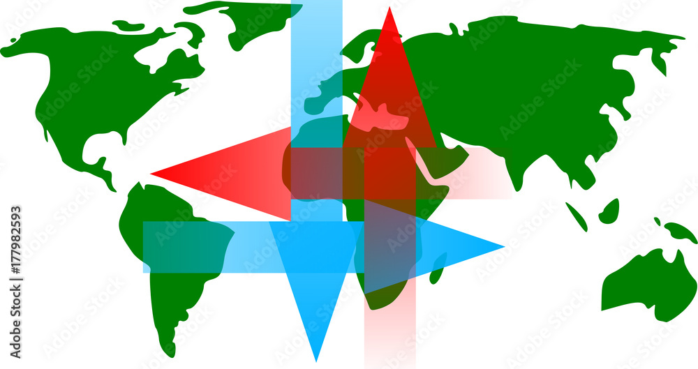 Obraz premium Rote und blaue Pfeile auf grüner Landkarte