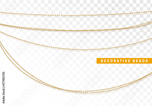 String beads realistic isolated. Decorative design element golden bead