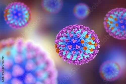 Influenza virus. 3D illustration showing surface glycoprotein spikes hemagglutinin purple and neuraminidase orange  photo