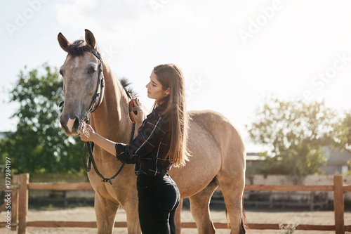 Young woman taking care of a horse. Broodmare managers are equine professionals with experience in managing the needs of mares and foals photo