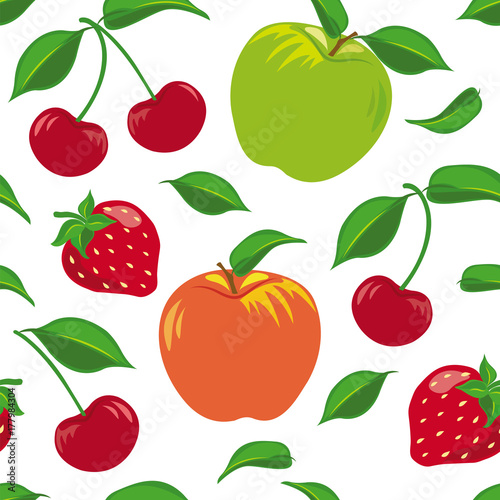 Seamless pattern with a fruit set of apples, cherries and strawberries