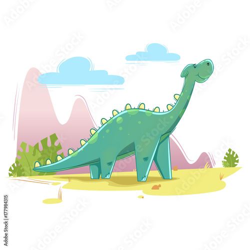 cute dinosaur on the nature background. Vector illustration in cartoon style.