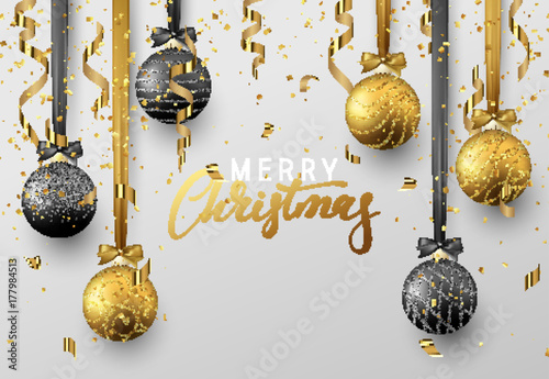 Christmas background with shining gold and black ball, serpentine and confetti. Lettering Merry Christmas card vector Illustration.