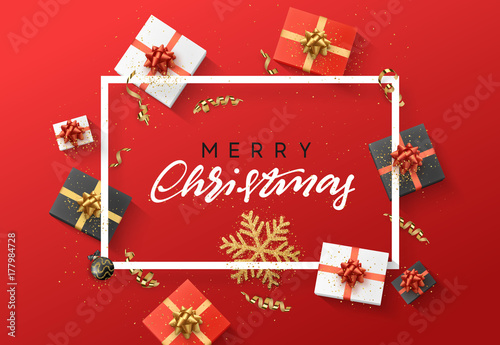 Merry Christmas background. Christmas composition. gift, confetti, golden snowflake and Xmas balls.