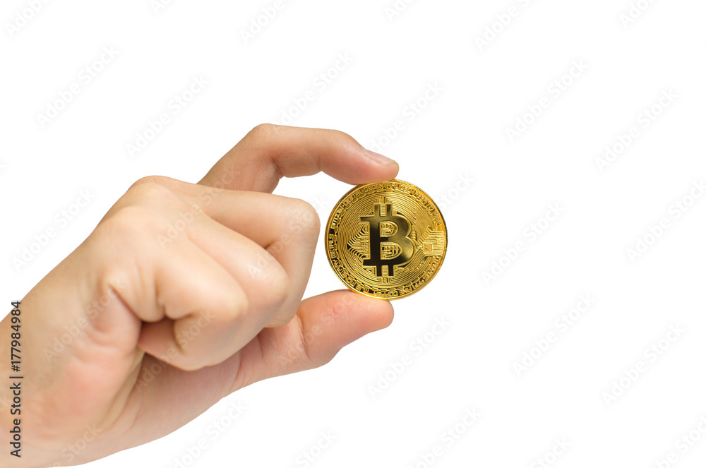Golden bitcoin in hand isolated on white background. Hard Fork Golden bitcoin in hand isolated on white background. Hard Fork