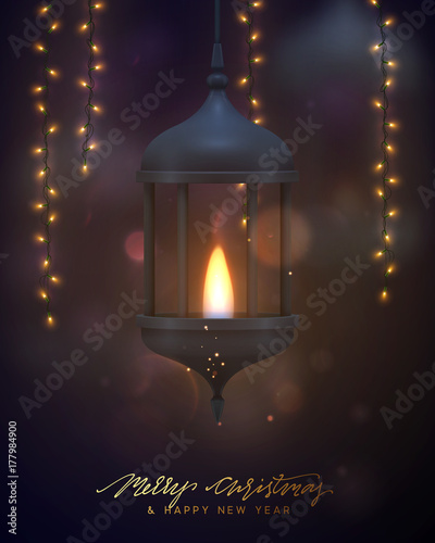 Christmas background, vintage dark blue lantern with a burning realistic fire