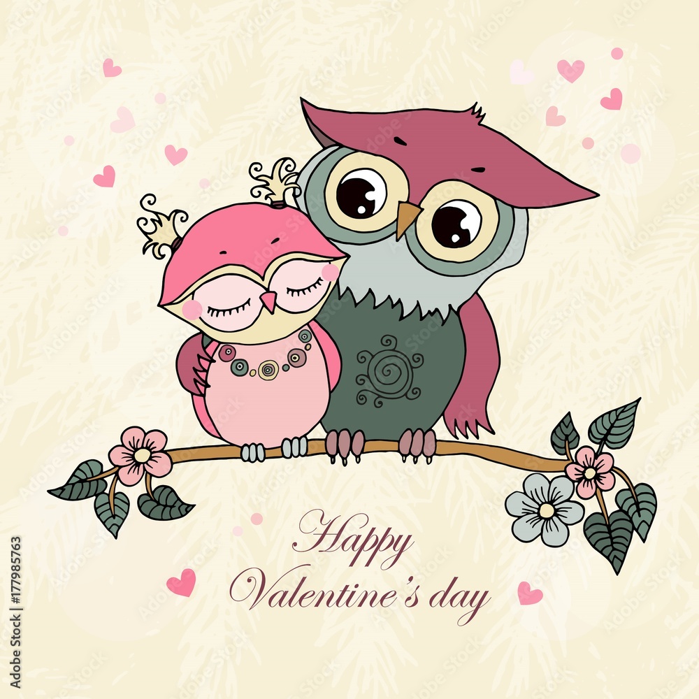 Fototapeta premium Two cute owls fallen in love