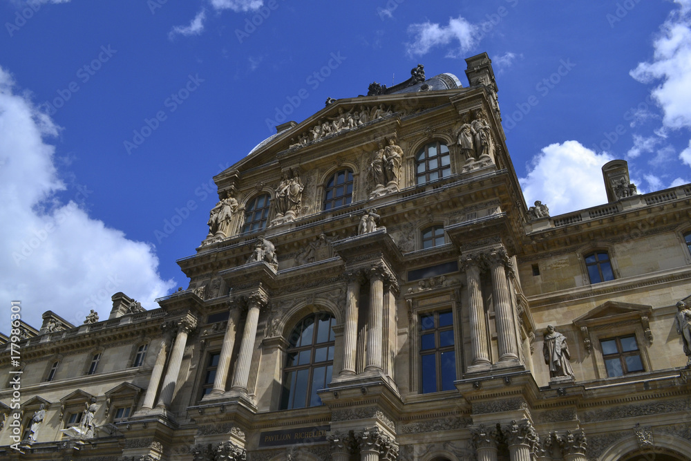 Majestic architecture of the North Side of Louvre Museum (Richelieu Pavilion), famous landmark from Paris (1st arrondissement), France