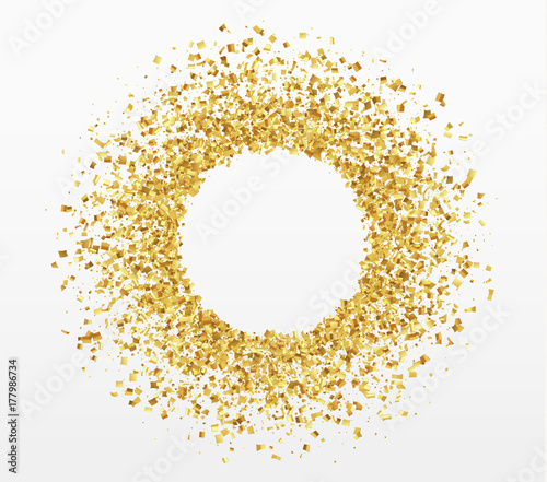 Gold confetti background. Paper white bubble for text