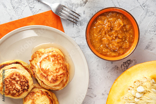 Pumpkin Pancakes With Honey and jam from a pumpkin.  Delicious natural Pumpkin Pancakes. Pumpkin food