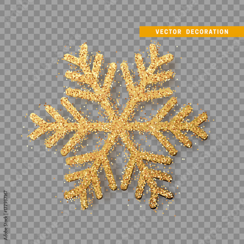 Christmas decoration, golden snowflake covered bright glitter, on transparent background.