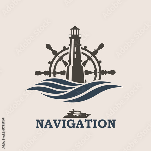 icon of yacht helm wheel and lighthouse with sea waves