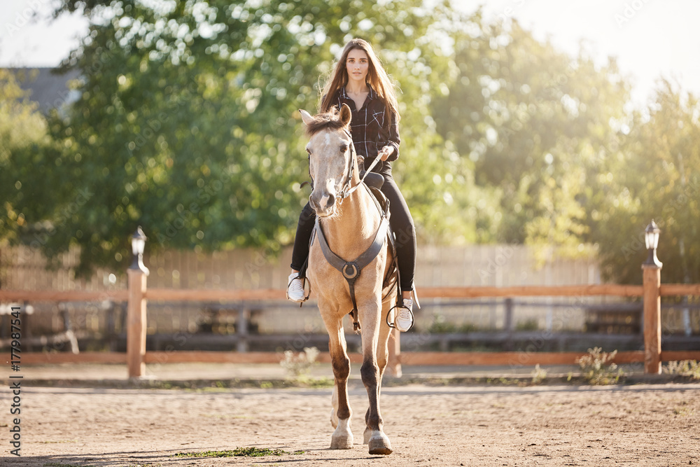 Portrait of young woman riding a horse. Dreaming to become a stallion manager to move from office to farm. Portrait of young woman riding a horse. Dreaming to become a stallion manager to move from office to farm.