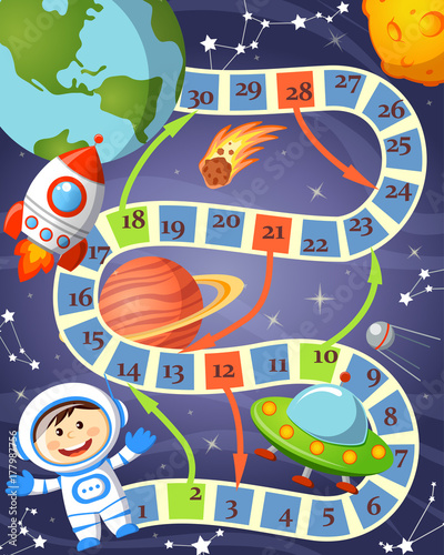 Board game with cosmonaut, ufo, rocket, planet and stars