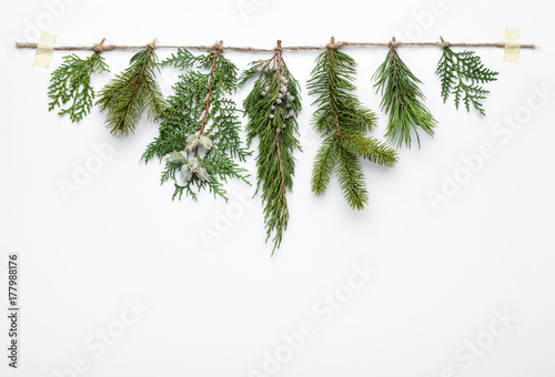 Christmas tree branches on white background. Flat lay, top view, copy space. Christmas concept.