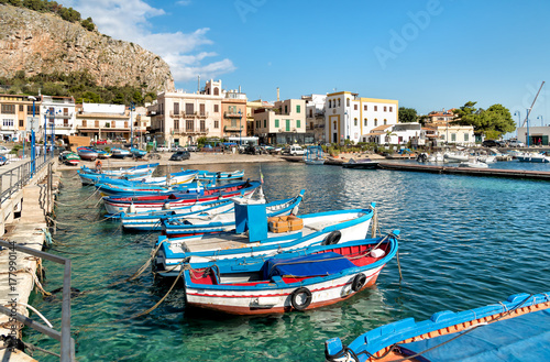 Small port with fishing boats in the center of Mondello  Palermo  Sicily  
