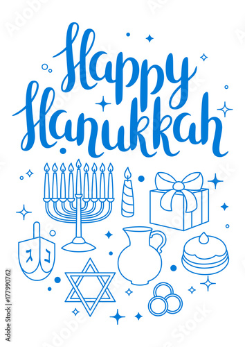 Happy Hanukkah celebration card with holiday objects
