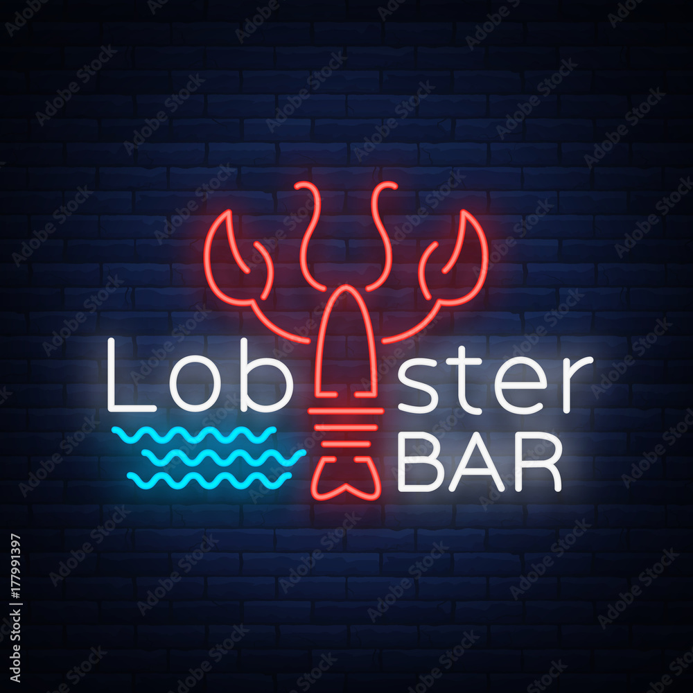 Lobster neon logo icon vector illustration. Emblem, neon signboard for