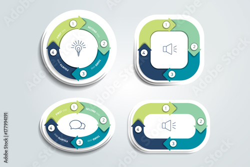 Circle, round divided in four parts arrows. Template, scheme, diagram, chart, graph, presentation. Business concept with 4 steps, options, processes.