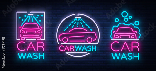 Car wash logo set vector design in neon style vector illustration isolated. Template, concept, luminous signboard icon on a car wash theme. Luminous banner