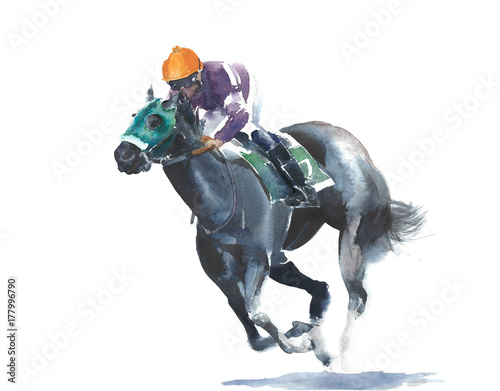 Obraz na plátně Horse racing jockey competition black horse watercolor painting illustration iso