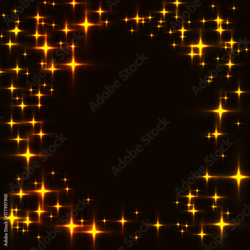 Dark template with border made from golden shinning stars. Black background with laser neon yellow and orange stars.