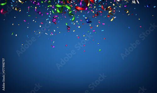 Blue festive background with colorful serpentine.