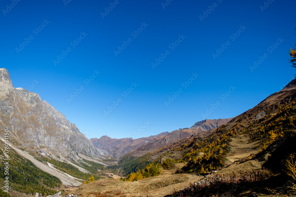 View of mountain peaks, valleys and pine tree forests in Val Ferret, Aosta Valley, Italy