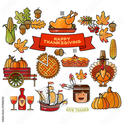 Vector set of  cartoon icons for Thanksgiving day.