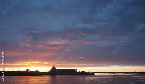 The red sunset. Look in Nizhny Novgorod on the Volga and Oka river and the St. Alexander Nevsky Cathedral and the stadium.