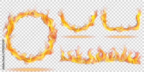 Set of fire flames in the form of ring, arc and wave on transparent background. For used on light backgrounds. Transparency only in vector format