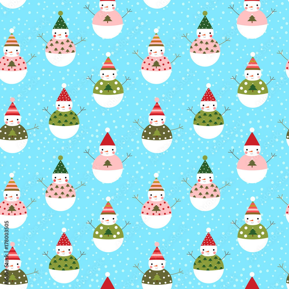 Cute vector seamless pattern with snowmen with hats for winter and Christmas designs and wrapping paper
