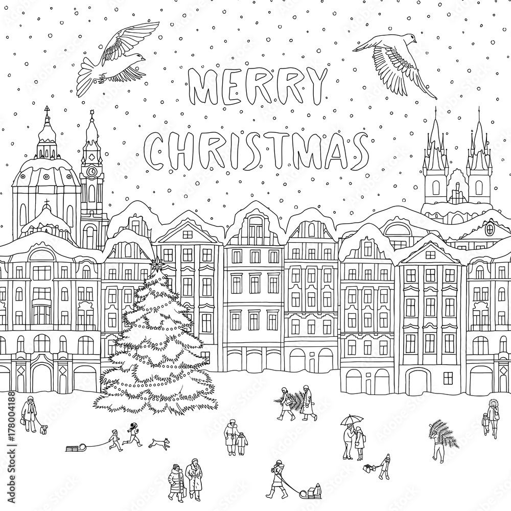 Hand drawn black and white illustration of a city in winter at Christmas time, line art for coloring book pages, greeting card template