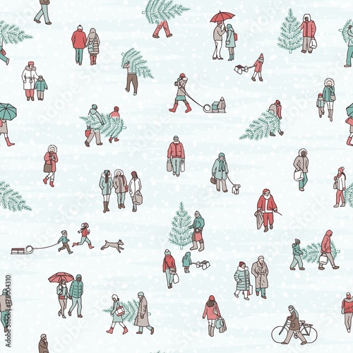 Seamless pattern of tiny pedestrians walking in winter through the city: small people wearing warm winter coats and carrying Christmas trees
